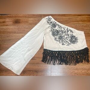 ZARA One-Shoulder Top with Black Floral Embroidery